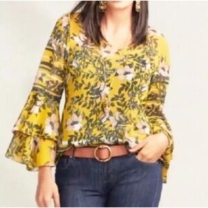 CAbi 5518 Spring Scene Floral Print Ruffle Blouse‎ Small Large Bell Fall